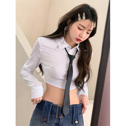 辣妹短款露臍收腰白色jk襯衣秋設計感小衆長袖修身緊身襯衫上衣女
