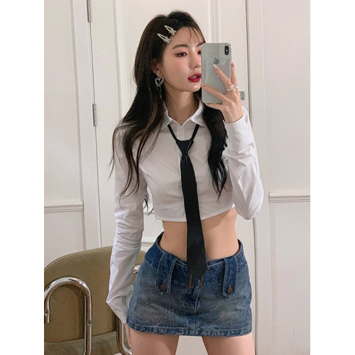 辣妹短款露臍收腰白色jk襯衣秋設計感小衆長袖修身緊身襯衫上衣女