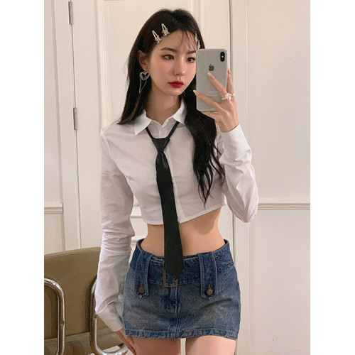 辣妹短款露臍收腰白色jk襯衣秋設計感小衆長袖修身緊身襯衫上衣女