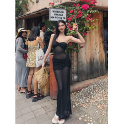 法式拼接網紗透視黑色裹胸連衣裙女性感褶皺氣質長裙夏季新款