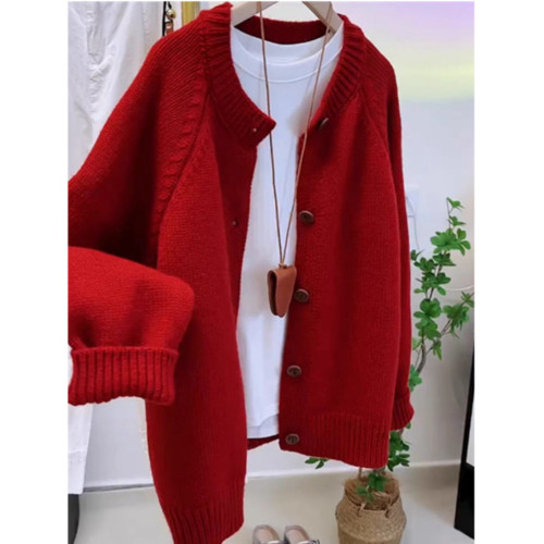 韓系慵懶風復古高級感紅色針織毛衣開衫女秋冬季洋氣減齡外套上衣
