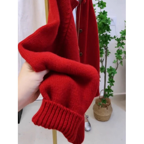 韓系慵懶風復古高級感紅色針織毛衣開衫女秋冬季洋氣減齡外套上衣