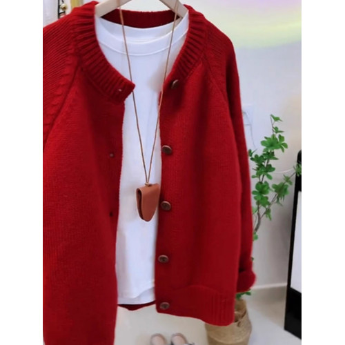 韓系慵懶風復古高級感紅色針織毛衣開衫女秋冬季洋氣減齡外套上衣