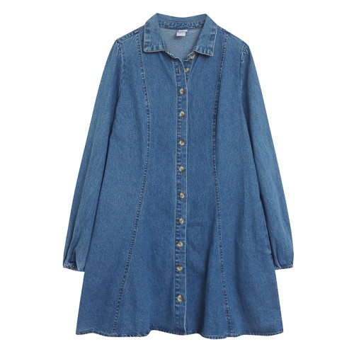 100%棉純色休閒時尚簡約寬鬆顯瘦牛仔裙 單排釦側口袋連衣裙