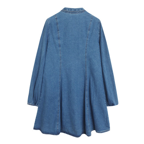 100%棉純色休閒時尚簡約寬鬆顯瘦牛仔裙 單排釦側口袋連衣裙