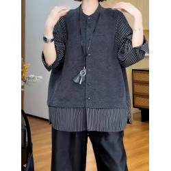 大碼女裝設計感假兩件拼接長袖襯衫早春新款胖mm寬鬆顯瘦氣質上衣