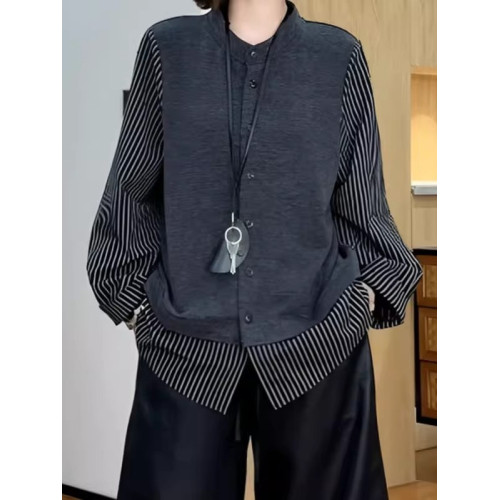 大碼女裝設計感假兩件拼接長袖襯衫早春新款胖mm寬鬆顯瘦氣質上衣