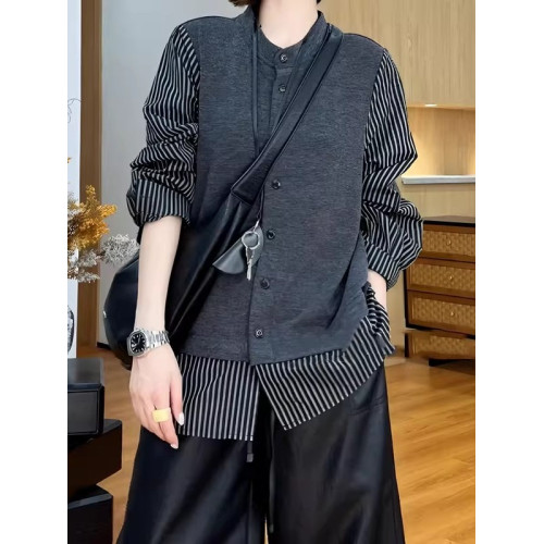 大碼女裝設計感假兩件拼接長袖襯衫早春新款胖mm寬鬆顯瘦氣質上衣