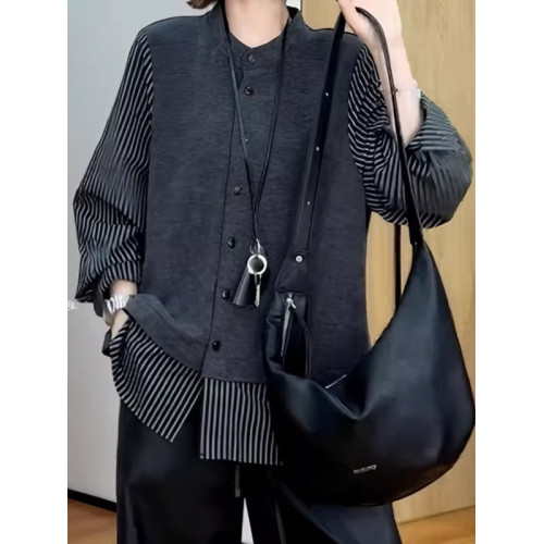 大碼女裝設計感假兩件拼接長袖襯衫早春新款胖mm寬鬆顯瘦氣質上衣