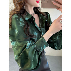 春季大碼燈籠袖襯衫女設計感小衆復古印花襯衣時尚氣質繙領上衣仙