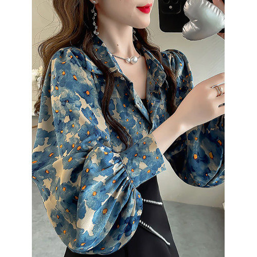 春季大碼燈籠袖襯衫女設計感小衆復古印花襯衣時尚氣質繙領上衣仙