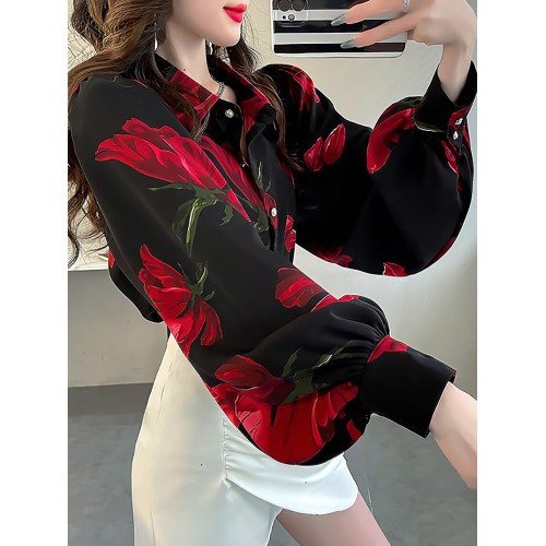 春季大碼燈籠袖襯衫女設計感小衆復古印花襯衣時尚氣質繙領上衣仙