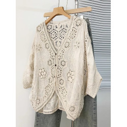 法式V領七分袖防曬開衫女2025夏大碼胖mm不規則鉤花鏤空外套上衣