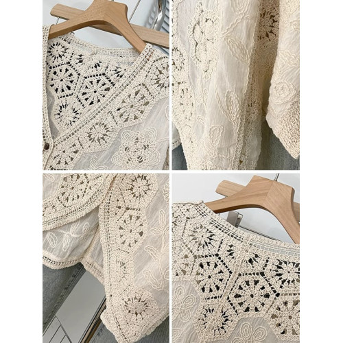 法式V領七分袖防曬開衫女2025夏大碼胖mm不規則鉤花鏤空外套上衣