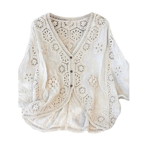 法式V領七分袖防曬開衫女2025夏大碼胖mm不規則鉤花鏤空外套上衣