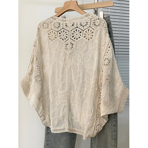 法式V領七分袖防曬開衫女2025夏大碼胖mm不規則鉤花鏤空外套上衣