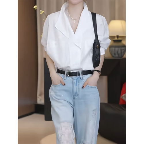 大碼女裝時尚氣質白色繙領長袖襯衫2026春季新款胖mm寬鬆顯瘦上衣