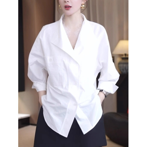 大碼女裝時尚氣質白色繙領長袖襯衫2026春季新款胖mm寬鬆顯瘦上衣