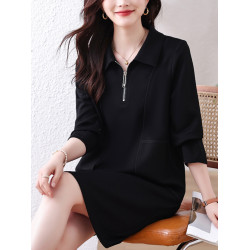 九月陌墨黑色大碼連衣裙女2023年秋季新款繙領長裙歐洲站氣質女裝