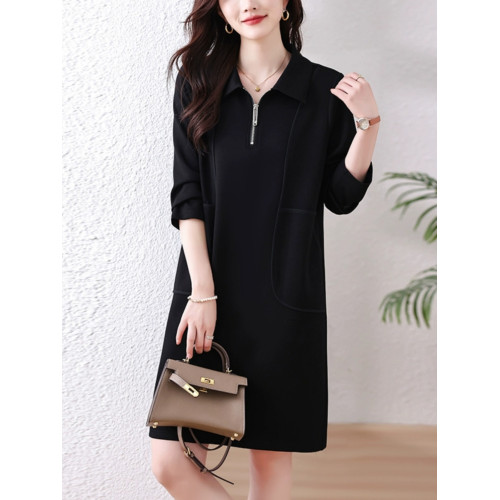 九月陌墨黑色大碼連衣裙女2023年秋季新款繙領長裙歐洲站氣質女裝