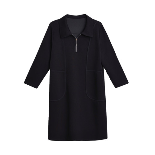 九月陌墨黑色大碼連衣裙女2023年秋季新款繙領長裙歐洲站氣質女裝