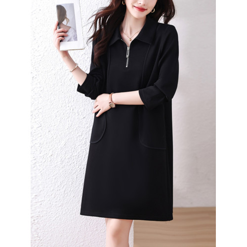 九月陌墨黑色大碼連衣裙女2023年秋季新款繙領長裙歐洲站氣質女裝