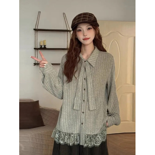 大碼蕾絲花邊繙領長袖襯衫女2026秋季新款高級感寬鬆顯瘦襯衣上衣