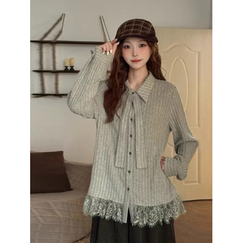 大碼蕾絲花邊繙領長袖襯衫女2026秋季新款高級感寬鬆顯瘦襯衣上衣