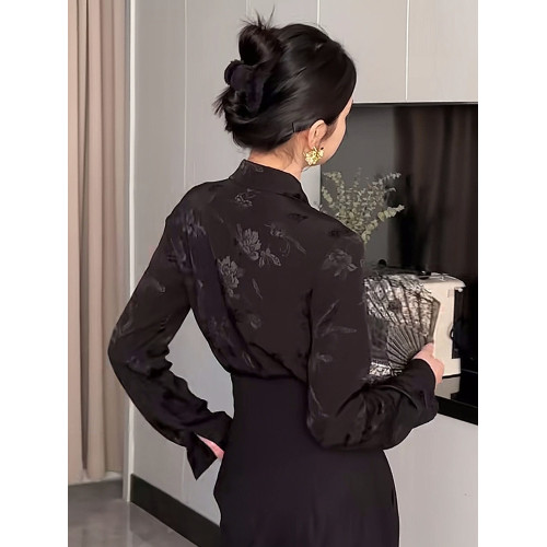 新中式復古提花襯衫女春秋新款設計感小衆上衣寬鬆百搭長袖襯衣潮