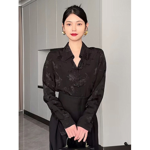 新中式復古提花襯衫女春秋新款設計感小衆上衣寬鬆百搭長袖襯衣潮