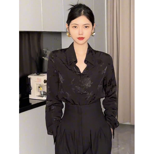 新中式復古提花襯衫女春秋新款設計感小衆上衣寬鬆百搭長袖襯衣潮