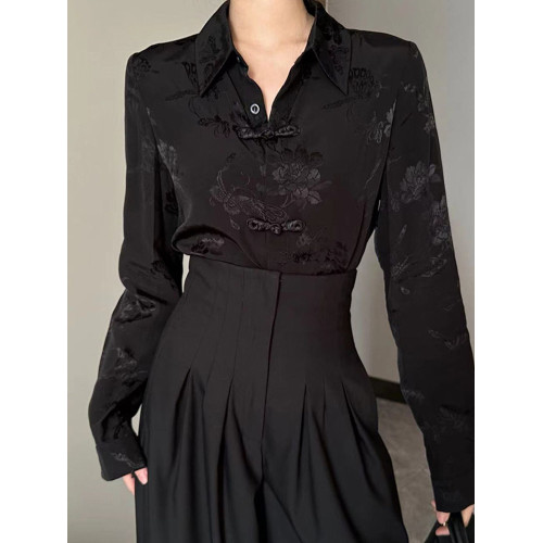 新中式復古提花襯衫女春秋新款設計感小衆上衣寬鬆百搭長袖襯衣潮