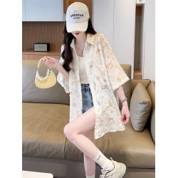 提花短袖襯衫防曬服女夏季時尚半透明繙領中長款口袋設計外套上衣