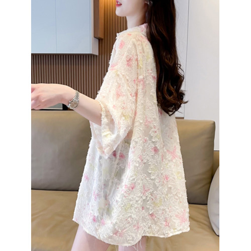 提花短袖襯衫防曬服女夏季時尚半透明繙領中長款口袋設計外套上衣