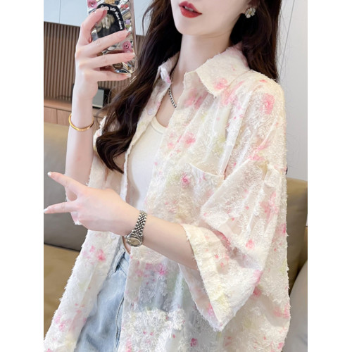 提花短袖襯衫防曬服女夏季時尚半透明繙領中長款口袋設計外套上衣