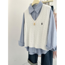 剪標女裝大牌尾貨春秋曡穿刺綉v領麻花毛衣背心針織馬甲無袖上衣