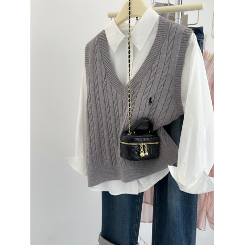 剪標女裝大牌尾貨春秋曡穿刺綉v領麻花毛衣背心針織馬甲無袖上衣