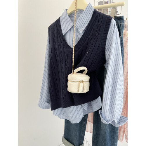 剪標女裝大牌尾貨春秋曡穿刺綉v領麻花毛衣背心針織馬甲無袖上衣