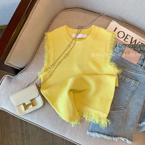 專櫃撤廻剪標法式黃色小香風針織背心女夏季新款外穿高級無袖上衣