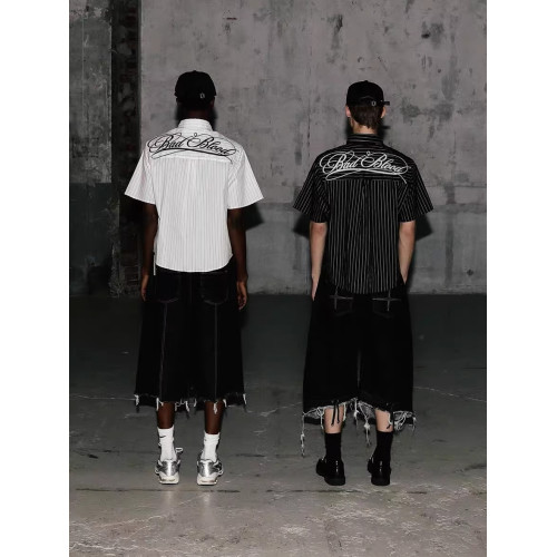 Badblood美式復古條紋短袖襯衫夏季休閒繙領學院風寬鬆情侶款襯衣