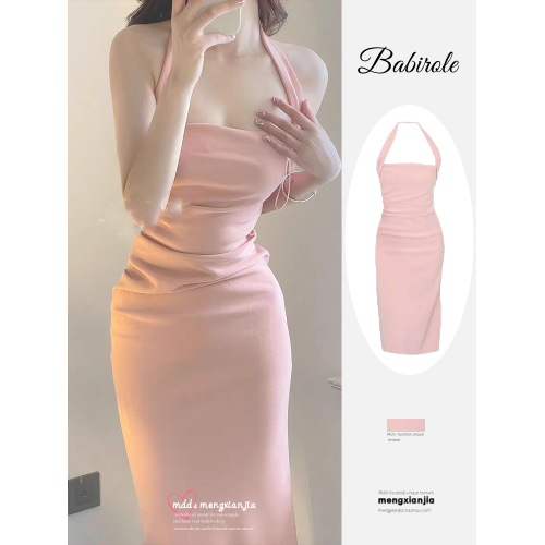 歐洲站高級掛脖吊帶連衣裙2025新款女夏季收腰修身性感抹胸包臀裙