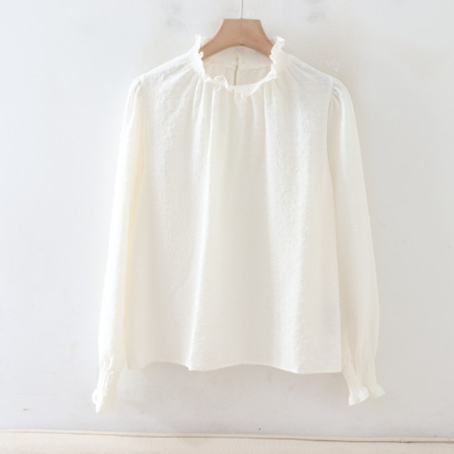 C07033日單甜美新款花邊領後彈力松緊套頭寬鬆顯瘦女氣質長袖襯衫