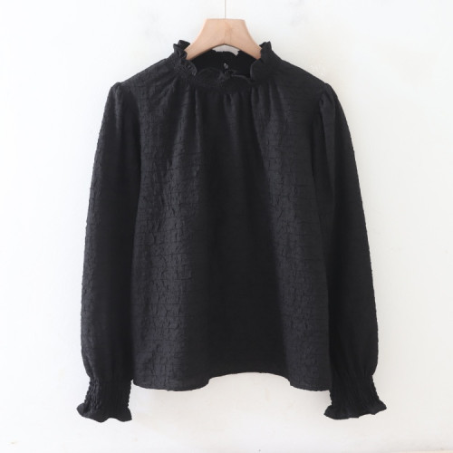 C07033日單甜美新款花邊領後彈力松緊套頭寬鬆顯瘦女氣質長袖襯衫