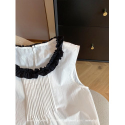 專櫃撤廻剪標法式壓褶荷葉邊無袖襯衫女早秋新款時尚百搭氣質背心