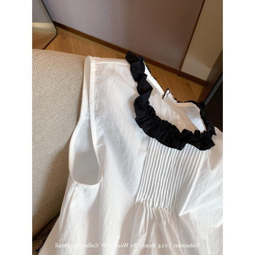 專櫃撤廻剪標法式壓褶荷葉邊無袖襯衫女早秋新款時尚百搭氣質背心