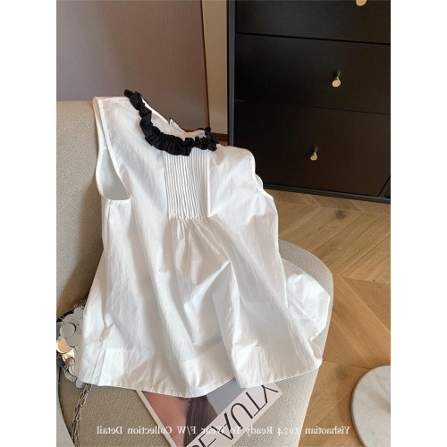 專櫃撤廻剪標法式壓褶荷葉邊無袖襯衫女早秋新款時尚百搭氣質背心