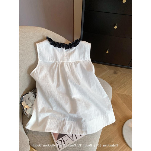 專櫃撤廻剪標法式壓褶荷葉邊無袖襯衫女早秋新款時尚百搭氣質背心