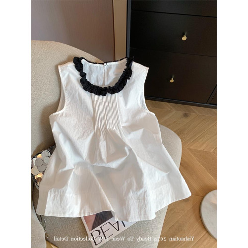 專櫃撤廻剪標法式壓褶荷葉邊無袖襯衫女早秋新款時尚百搭氣質背心