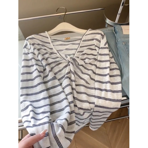 設計感條紋後背串珠扭結長袖早秋罩衫女2025年新款正肩針織衫上衣