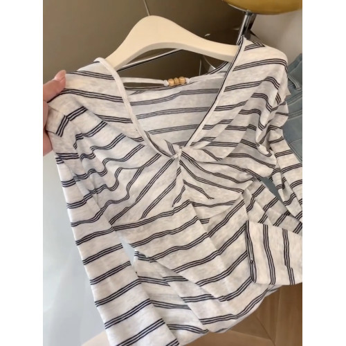 設計感條紋後背串珠扭結長袖早秋罩衫女2025年新款正肩針織衫上衣